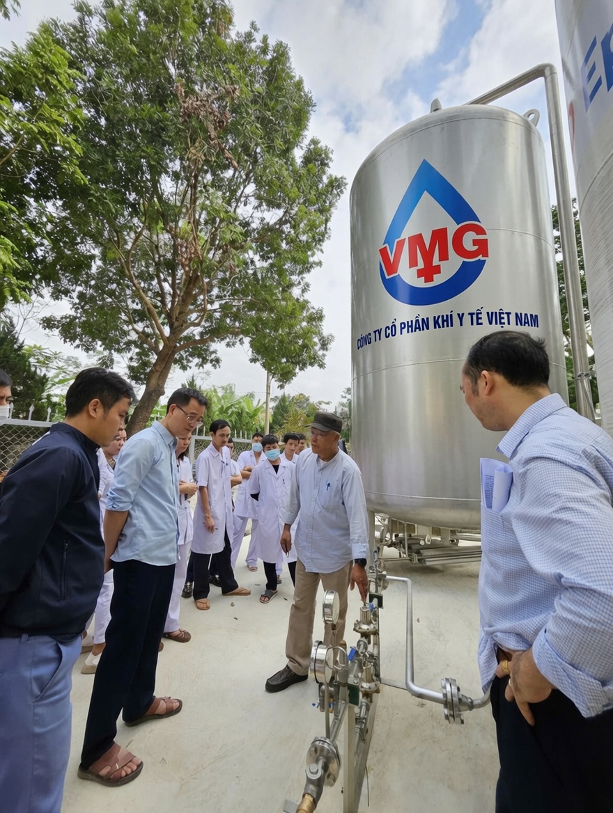 Đội ngũ bệnh viện và VMG phối hợp tại khu vực bồn oxy